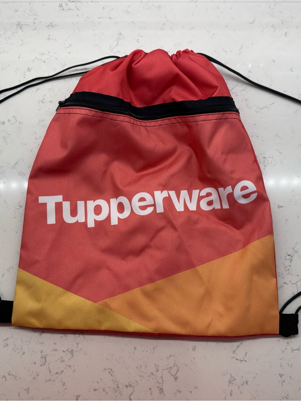 Tupperware Red and Orange Drawstring Backpack with Front Zip Cinch Bag
